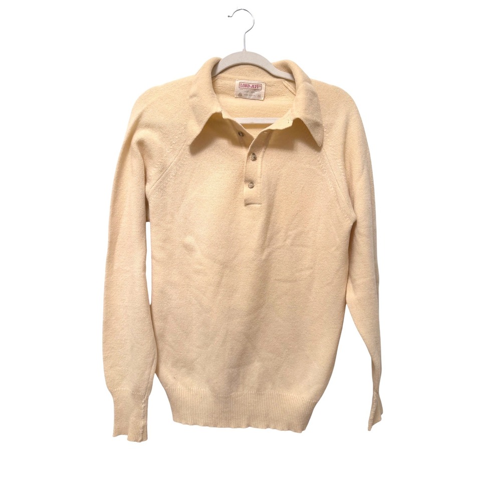 Vintage 60s 70s Lord Jeff Lambswool Polo Sweater Mens M Cream Made USA Ivy